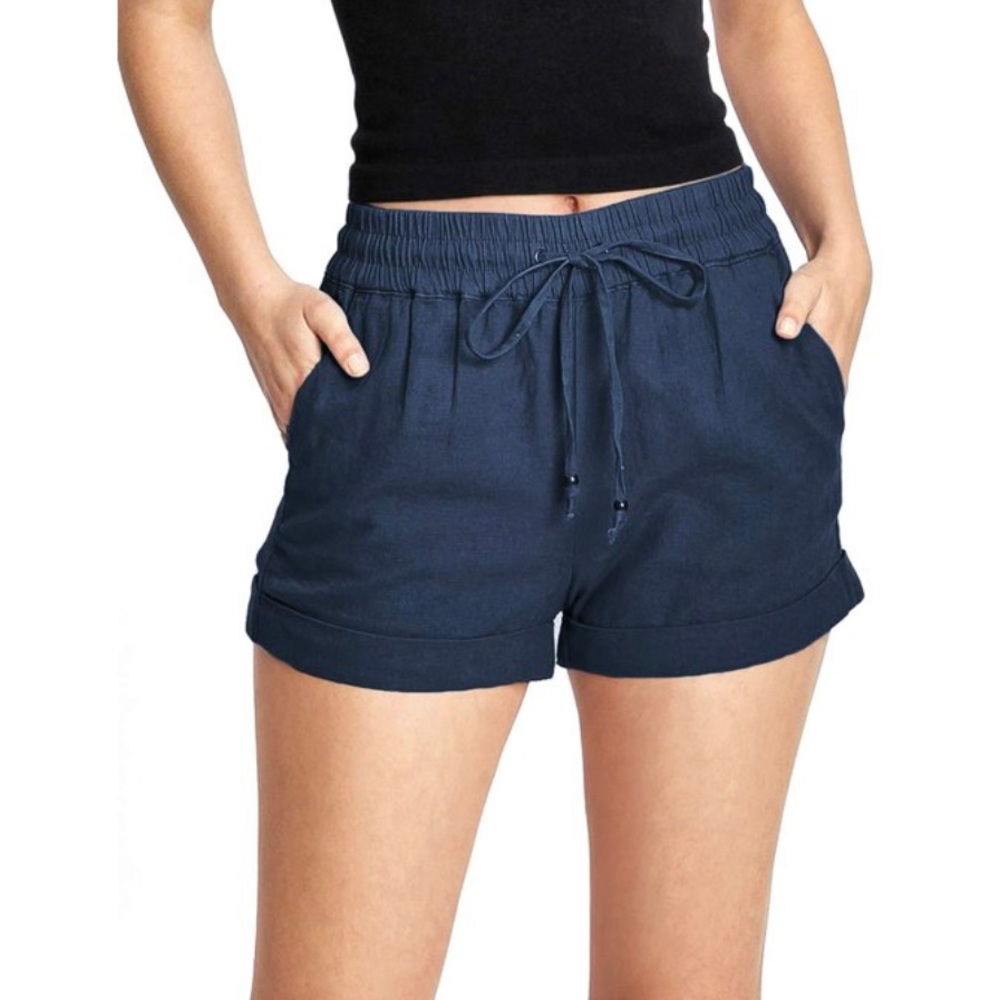 LOVE TREE Womens Bottoms Blue Linen Blend Pull On Cuffed Shorts